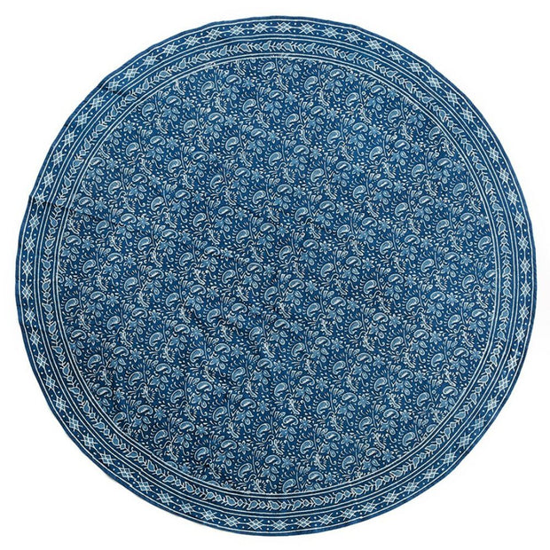 Block Printed Cotton Round Tablecloth - Paisley Dabu fully open