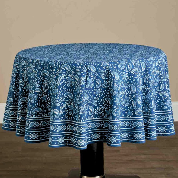 Block Printed Cotton Round Tablecloth - Paisley Dabu styled