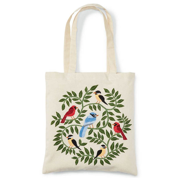 Reusable Tote Bag with Embroidered Woodland Birds