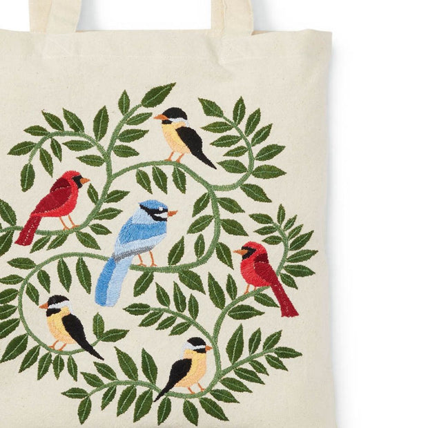 Reusable Tote Bag with Embroidered Woodland Birds closeup