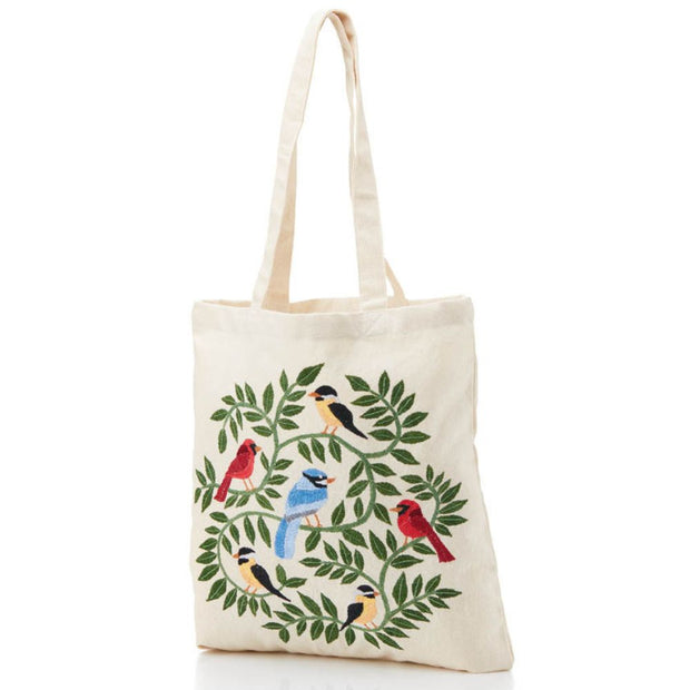 Reusable Tote Bag with Embroidered Woodland Birds side view