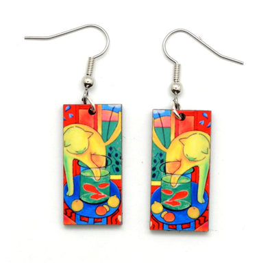 Art Image - Yellow Cat and Red Fish Dangle Earrings