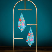 Beaded Flower Fringe Earrings - Turquoise styled