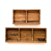 Oak Wood Double Snack Serving Tray next to a triple tray