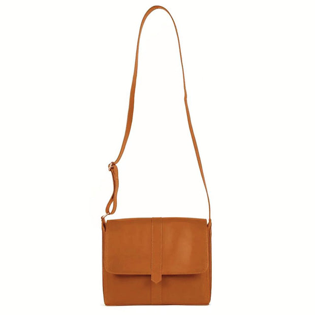 Crossbody Satchel in Camel Leather shown with full strap