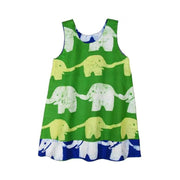 Global Mamas Girls Reversible Dress - Elephants showing Lime Green side