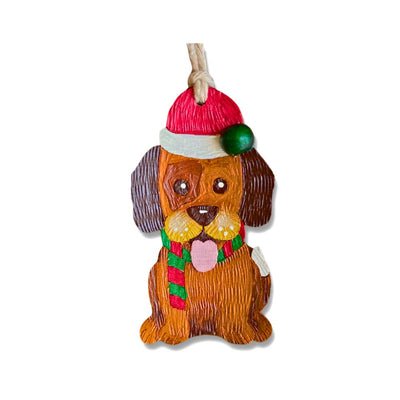 Hand-painted Gourd Natural Ornament - Dog with Santa Hat