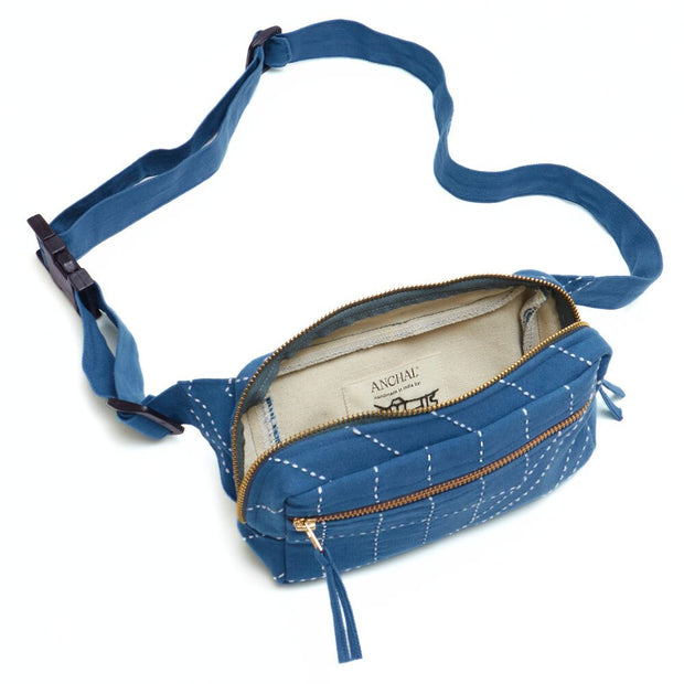 Kantha Crossbody Belt Bag - Cobalt open and showing adjustable strap