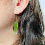 Clear Resin Bar Earrings with Fern on model