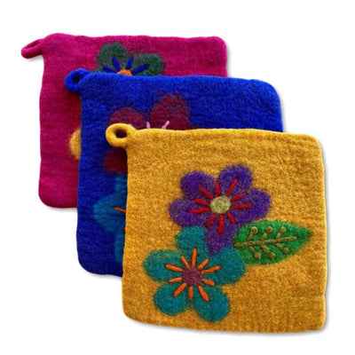 Felted Wool Potholder - Embroidered Flowers assorted colors