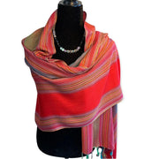 Striped Handwoven Bamboo Viscose Scarf - Red and Teal worn as a shawl