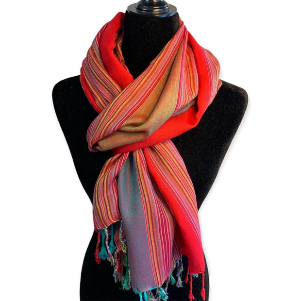 Striped Handwoven Bamboo Viscose Scarf - Red and Teal on bust form