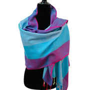 Wide Striped Handwoven Bamboo Viscose Scarf - Turquoise worn as a shawl