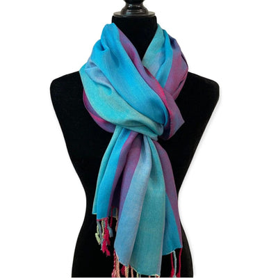Wide Striped Handwoven Bamboo Viscose Scarf - Turquoise on bust form