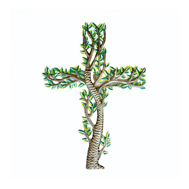 Painted Metal Cross with Branches and Leaves – Zee Bee Market LLC
