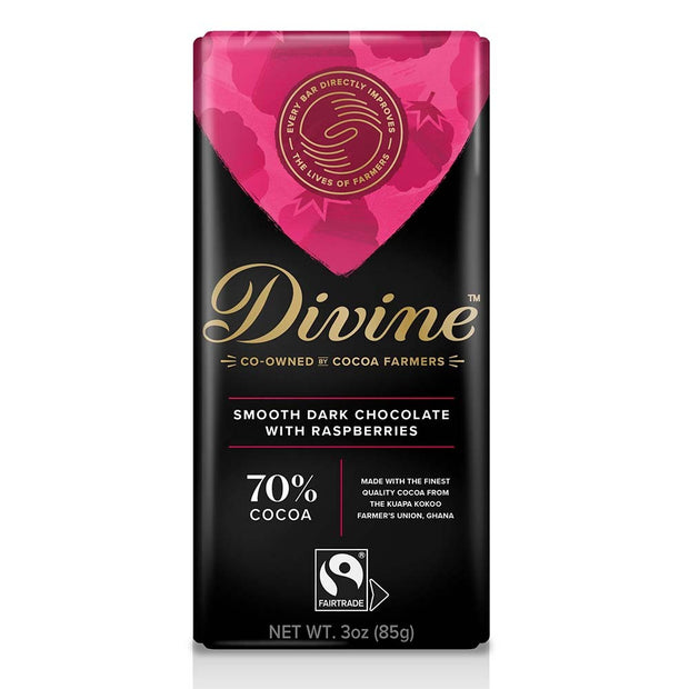 Divine 70% Smooth Dark Chocolate with Raspberries Bar