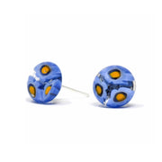 Round Glass Stud Earrings - Blue & Yellow Flowers