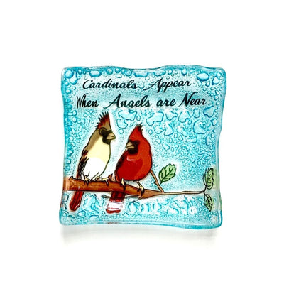 Fused Glass Square Dish - Two Cardinals with quote Cardinals Appear when Angels are near