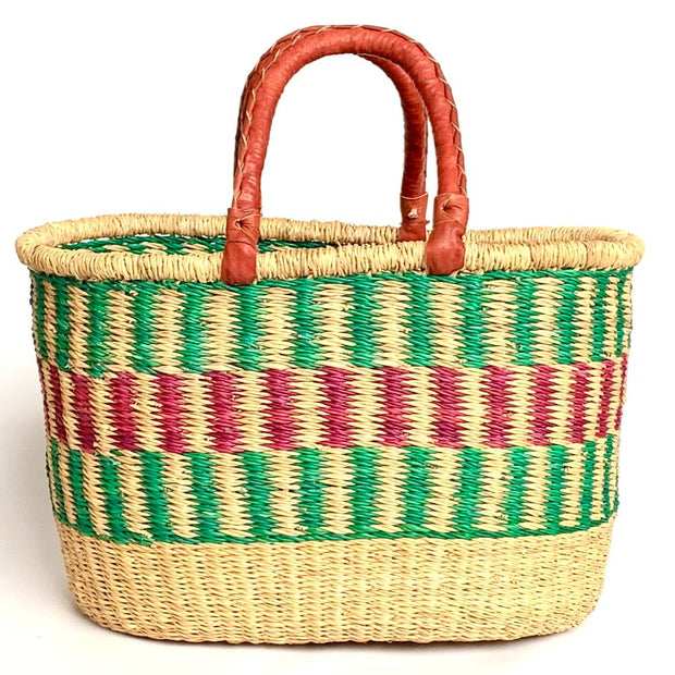 Handmade and Fair Trade Large Oval Basket with Two Leather Handles
