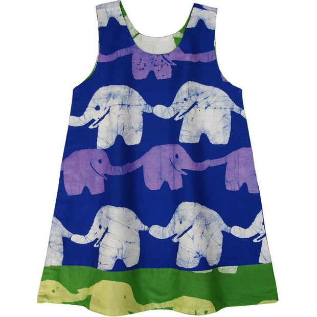 Global Mamas Girls Reversible Dress - Elephants in Blue and Lime