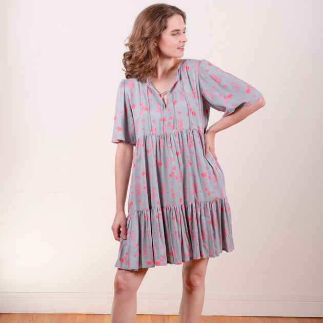 adelaide mini dress Adelaide Tiered Mini Dress Botanical Slate - Fair Trade Dresses