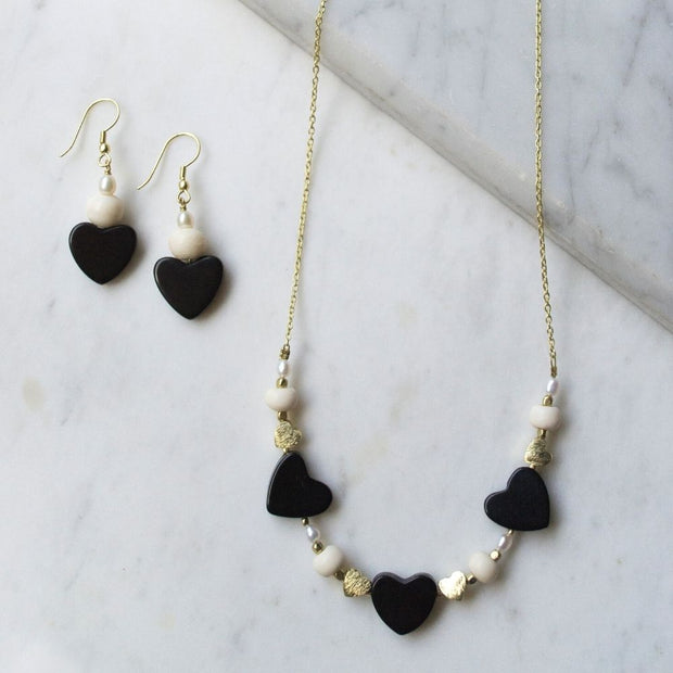 Carnaby Heart Earrings Black and White with matching necklace