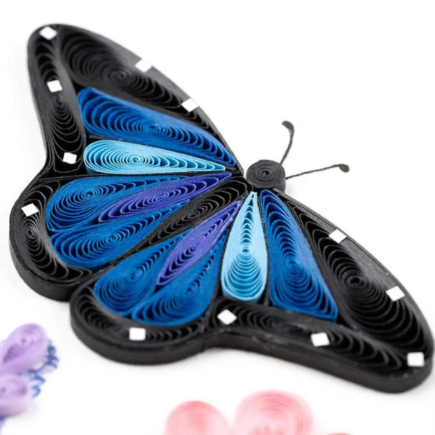 Birthday Flowers & Blue Butterflies Quilled Greeting Card closeup