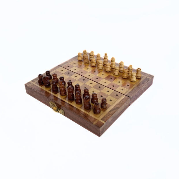 Acacia Wood Portable Travel Chess Set fully open