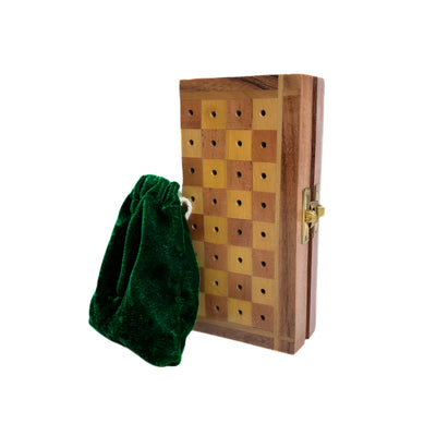 Acacia Wood Portable Travel Chess Set closed next to storage bag