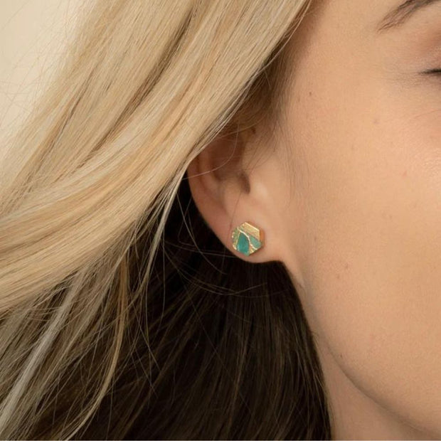 Oasis Turquoise and Gold Stud Earrings on model