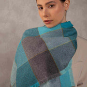 Crossing Colors Baby Alpaca Scarf - Blue and Grey on model closeup