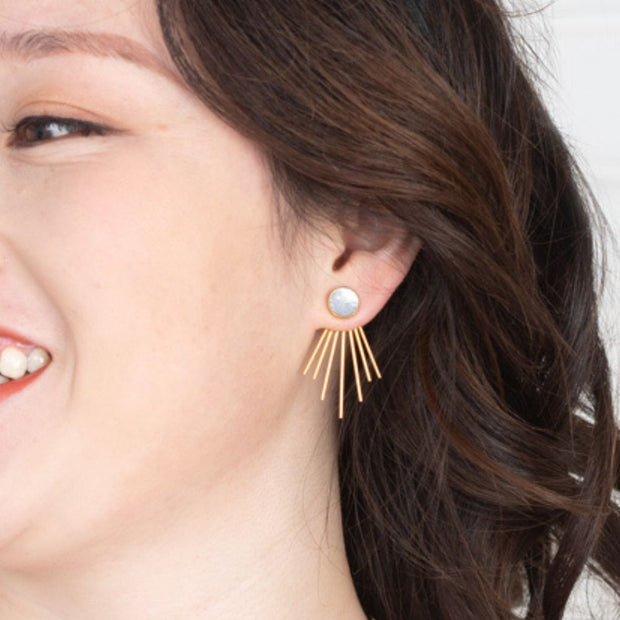 Woman wearing Caroline Mother of Pearl Stud & Fringe Earrings