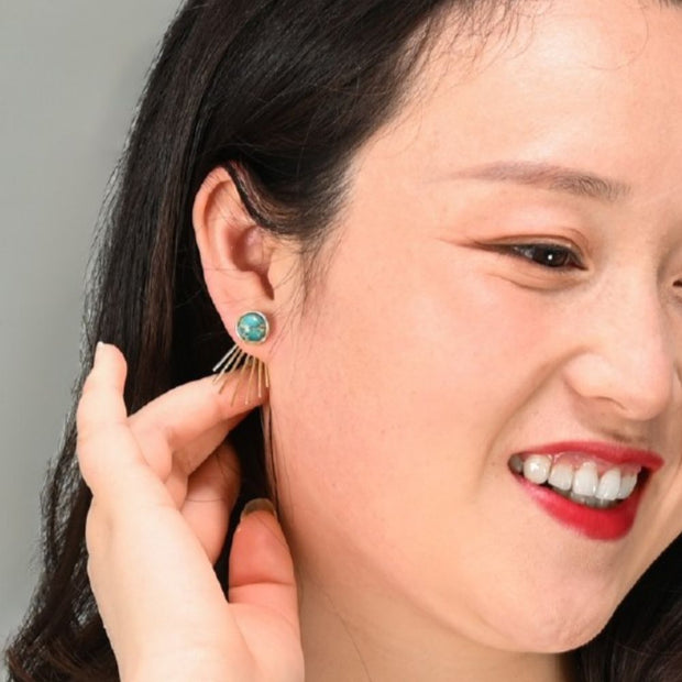 Model wearing Caroline Emperor Stone Stud & Fringe Earrings