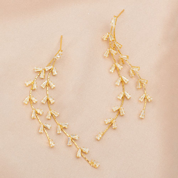 Graceful Willow Zircon and Gold Dangle Post Earrings styled