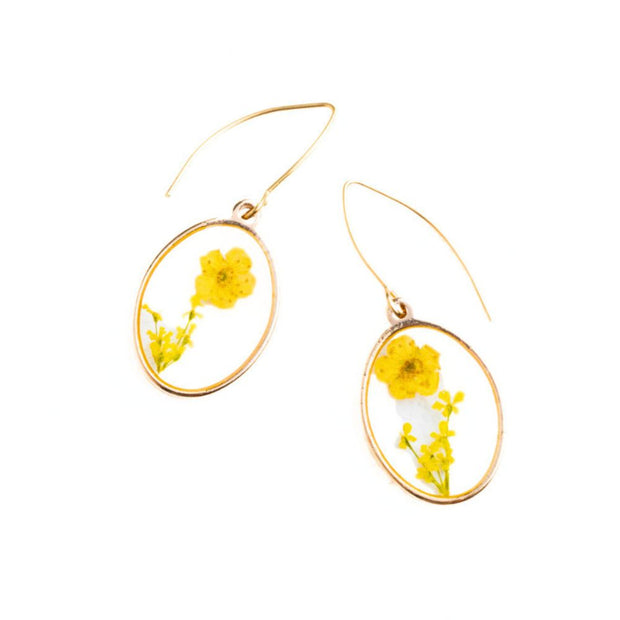In Bloom Drop Earrings with Real Yellow Flowers encased in clear resin