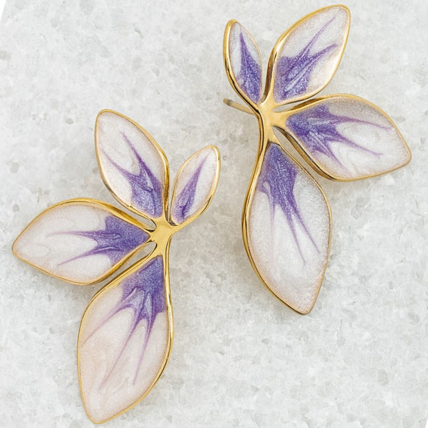 Flourish Lavender Leaf Shaped Post Earrings in 14K gold plated stainless steel with purple and white marbled design close-up detail