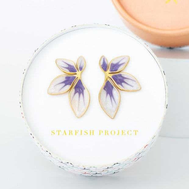 Flourish Lavender Leaf Shaped Post Earrings in 14K gold plated stainless steel with purple and white marbled design in Starfish Project gift box