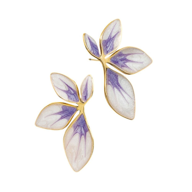 Flourish Lavender Leaf Shaped Post Earrings in 14K gold plated stainless steel with purple and white marbled design