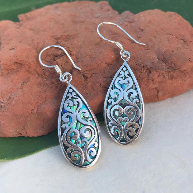 Burung Sterling Silver Scroll Overlay on Abalone Teardrop Earrings showing the front of both