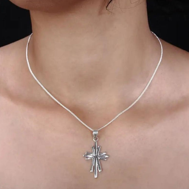 Silver Modern Cross Pendant Necklace on model