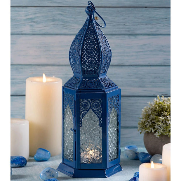 Blue Moroccan Inspired Large Metal Lantern for tealights lifestyle