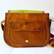 Rustic Goat Leather Crossbody Satchel Bag with front flap open