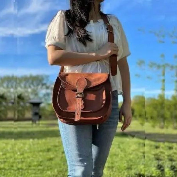 Rustic Goat Leather Crossbody Satchel Bag on model as crossbody