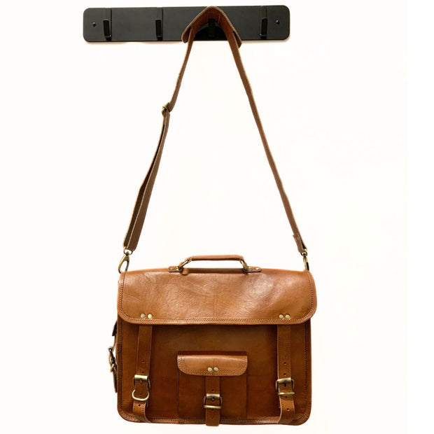 15-inch Genuine Leather Laptop Messenger Briefcase full view with strap