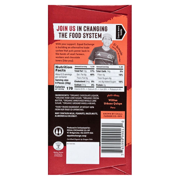 Organic Very Dark Chocolate (71% Cacao) 80g Bar back of label with nutrition facts