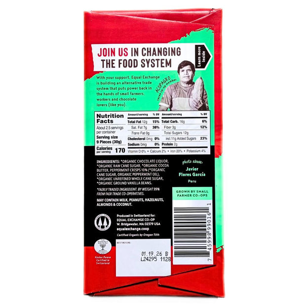 Organic Dark Chocolate with Mint Crunch (67% Cacao) 80g Bar back of label with nutrition facts