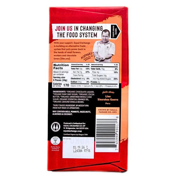 Organic Dark Chocolate and Infused Orange (65% Cacao) 80g Bar back of label with nutrition facts