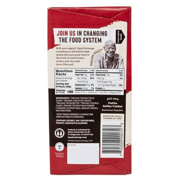 Organic Chocolate with Coconut Milk (55% Cacao) 80g Bar back of label with nutrition facts