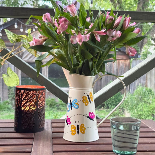Cream Color Watering Can with Hand-painted Butterflies as a flower vase
