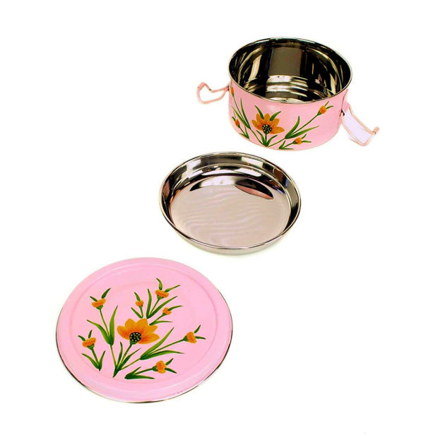 Pink Floral Round Steel Tiffin Container - fully open showing all elements